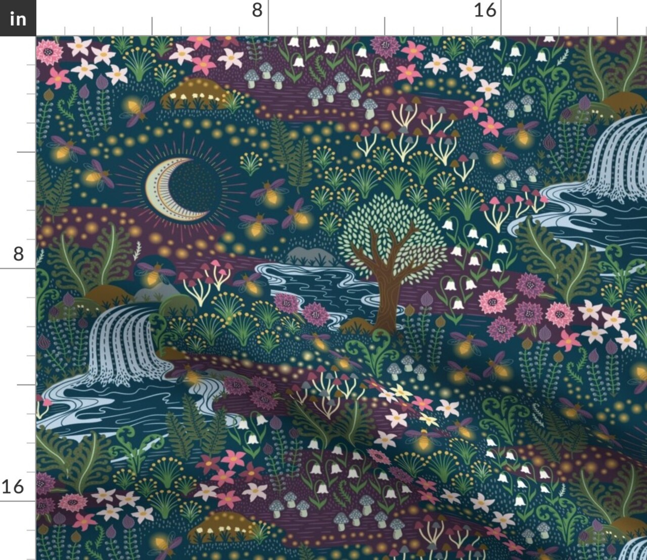 Green Garden Nigh Moon Meadow Fireflies Magical Waterfall Dreamy Landscape Hand Painted Whimsical Nightlife Floral Botanical Small Scale Custom Printed Fabric by Spoonflower Various Fabrics by the Yard or Fat Quarter